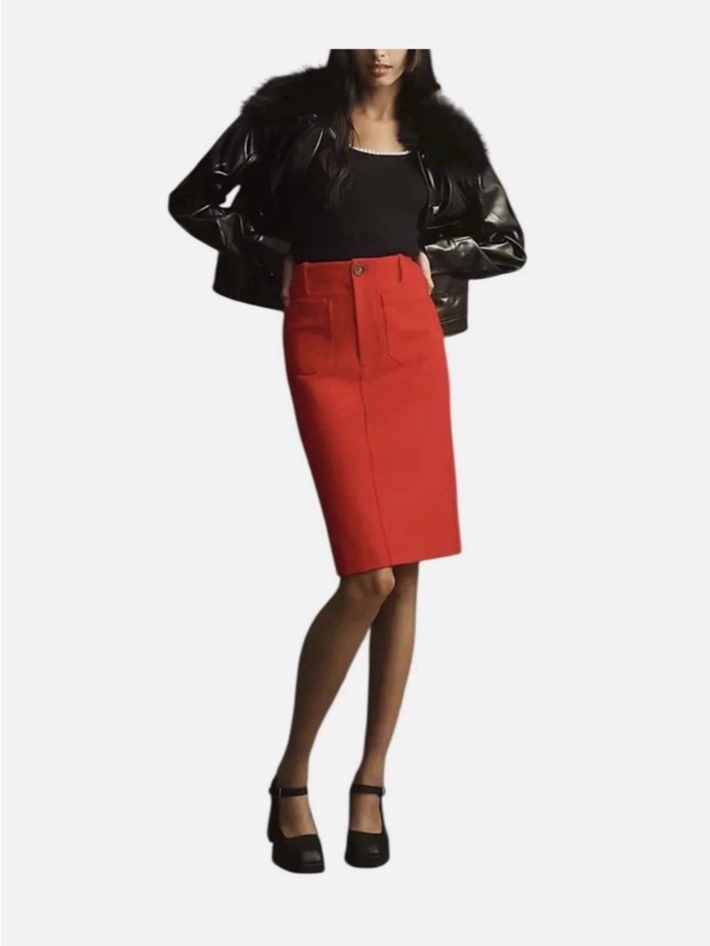 Anthropologie Bold Red Pencil Skirt with Front Pockets size small like new